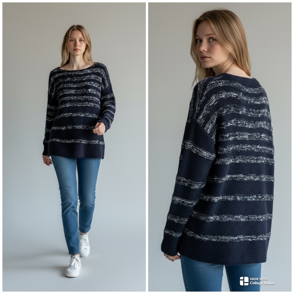 Talbots Navy and White  Striped Knit Sweater Size L